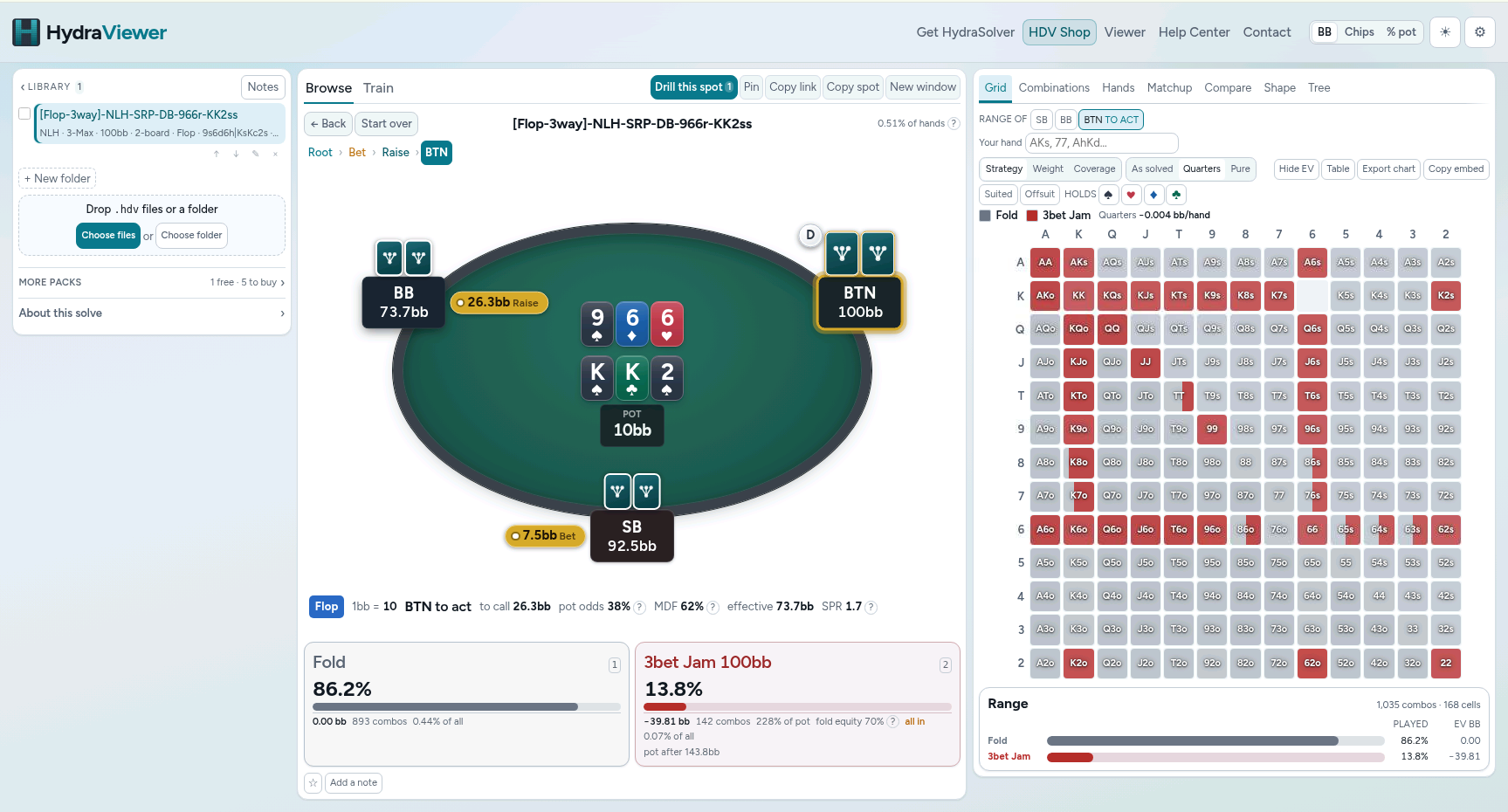 HydraViewer aperto in una scheda del browser. A sinistra c’è la libreria dei pack, al centro un flop di No Limit Hold’em a tre giocatori su un tavolo di panno con lo stack e la puntata di ogni posizione, e a destra una griglia di strategia 13×13 mostra mano per mano il mix di fold e 3-bet jam del bottone, con il numero di combo e l’EV sotto.